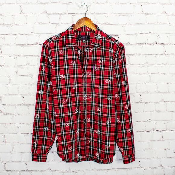 Mishka NYC Men's Eyeball Print Button up shirt Red Plaid Size Small - Picture 1 of 8
